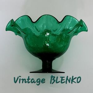 Vntg 9" BLENKO Crackle Green Glass Compote